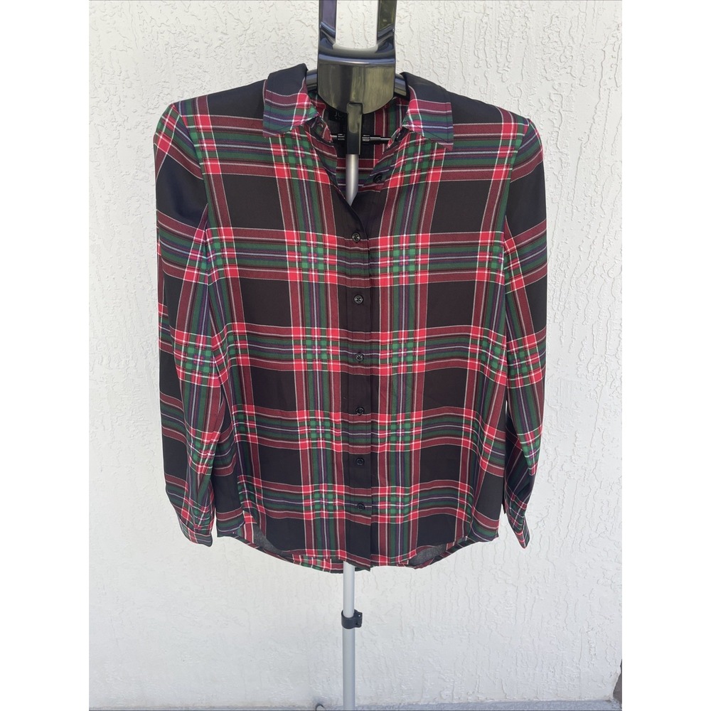 Jones NY Womens Holiday Black Red Green Plaid Long Sleeve Button Down Shirt Top